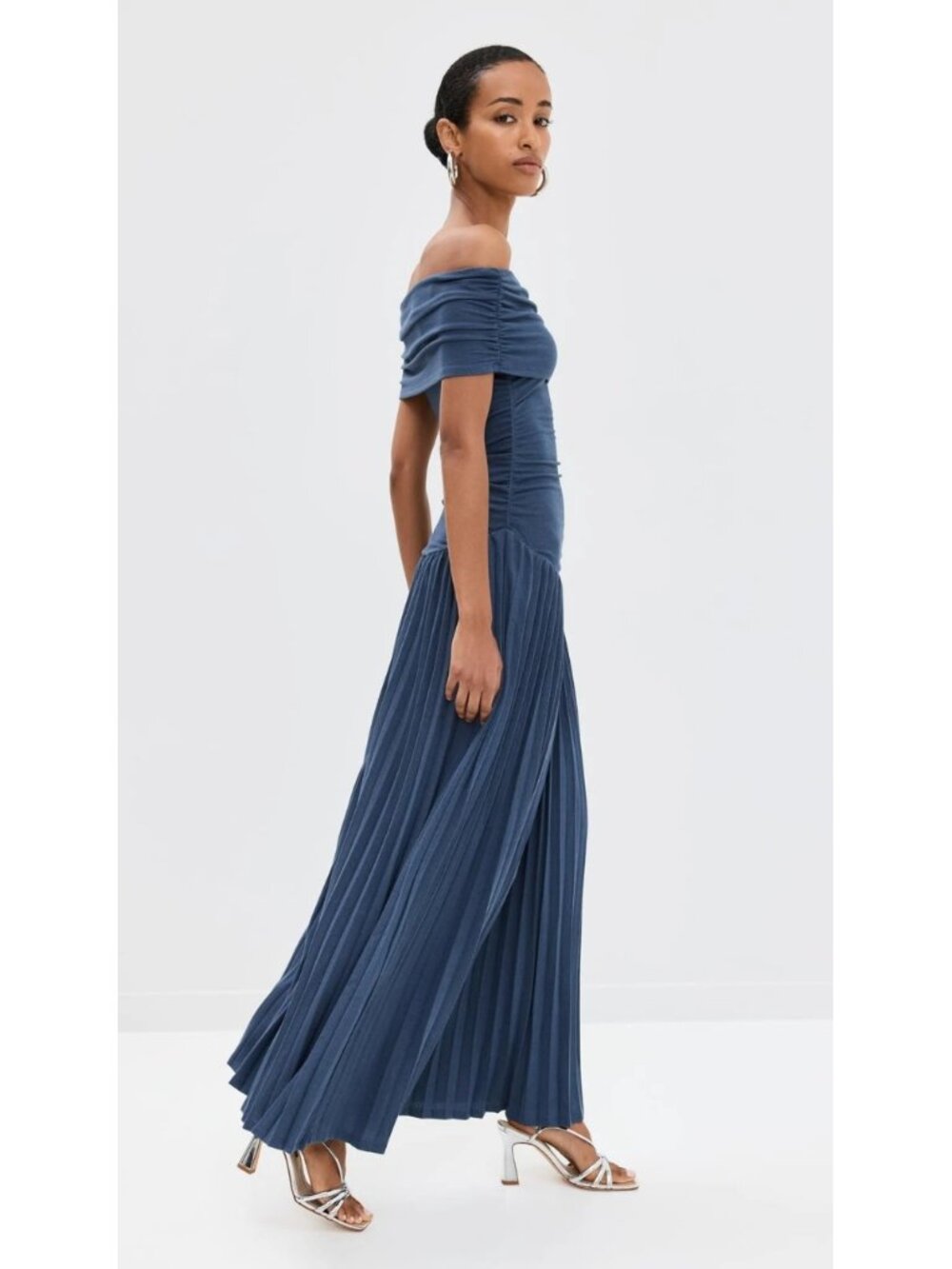 Lioness Navy Blue Off-Shoulder Pleated Maxi Dress - Picture 3 of 15